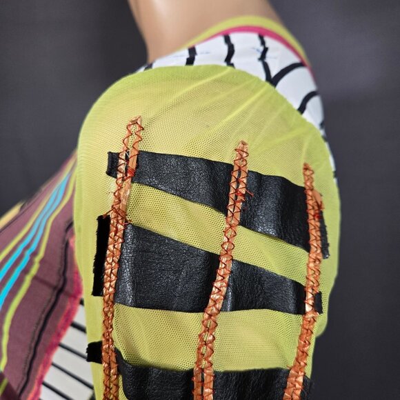 Vintage Save The Queen Top blouse size L Abstract Print Mesh Sleeves Stretch - Picture 6 of 13